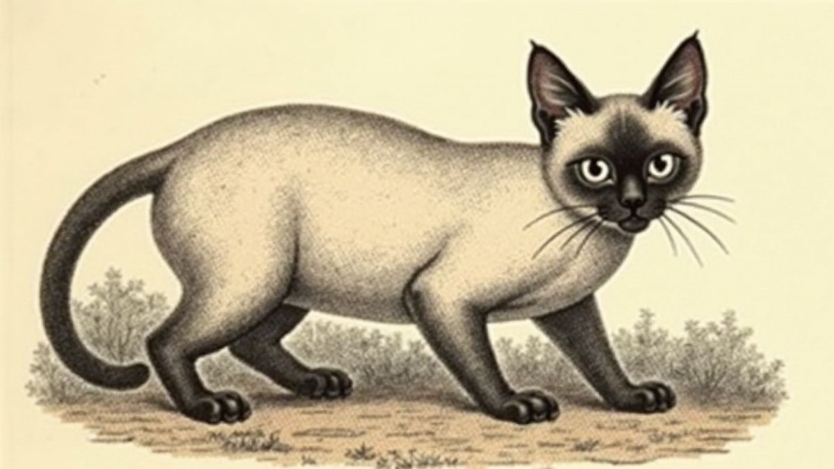 Historische illustratie van een Siamese kat uit de jaren 1800.