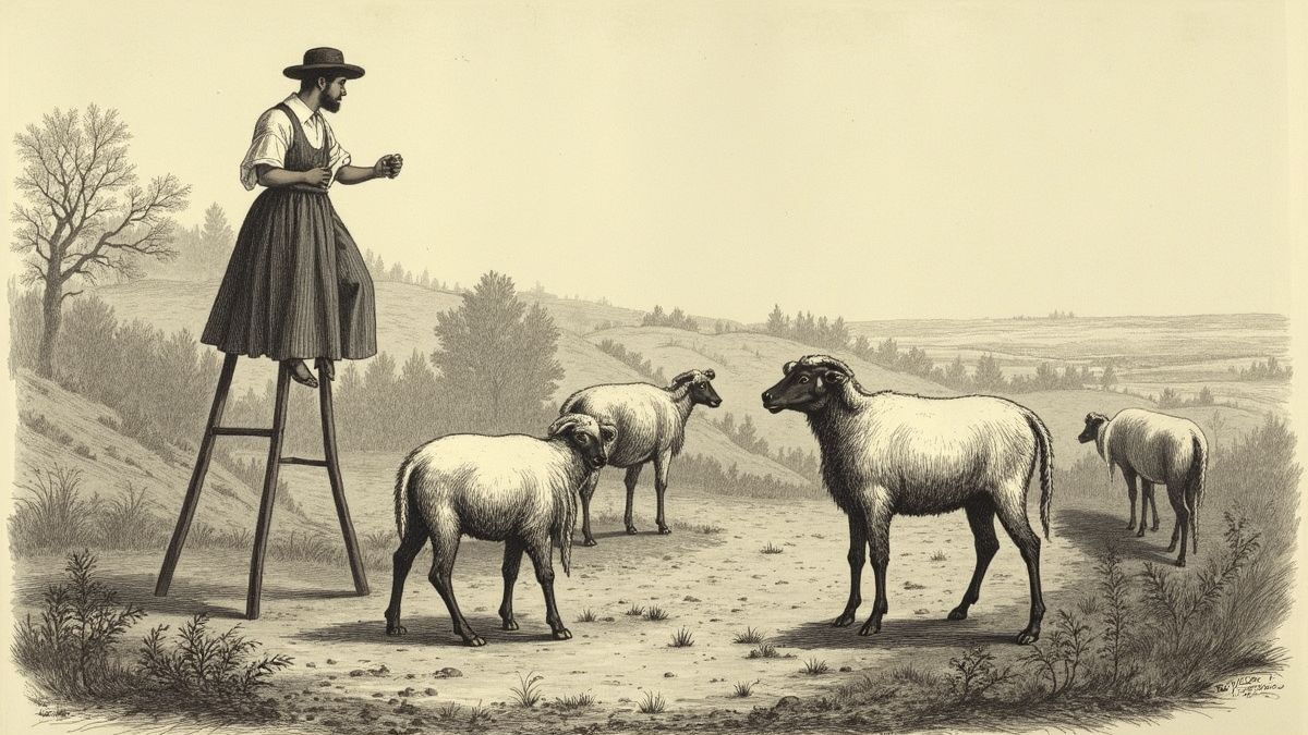 Historische illustratie van herders die stelten gebruiken in een landelijke omgeving.