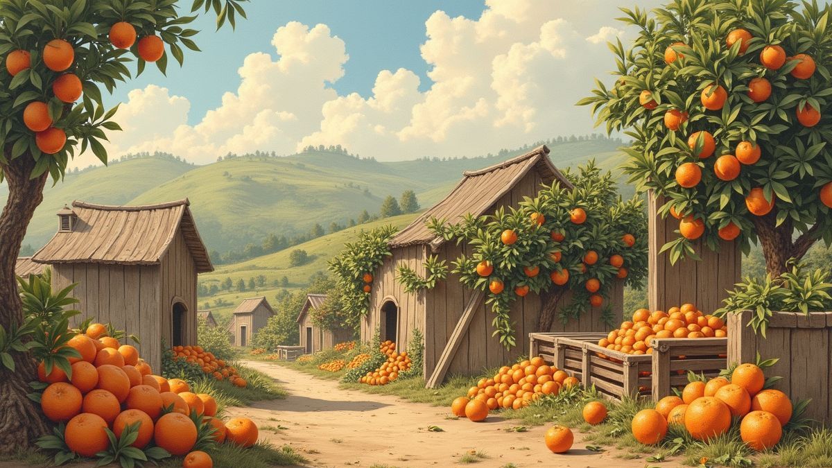 Historische illustratie van sinaasappelproductie