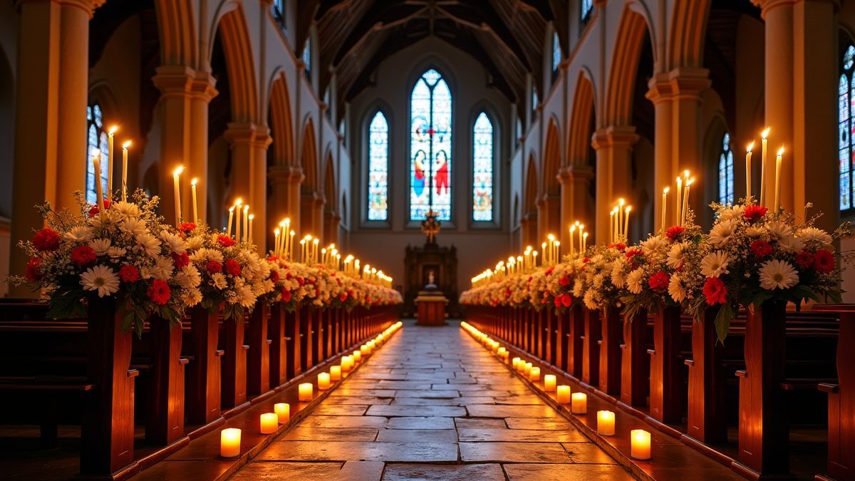 Historische kerk versierd met bloemen en kaarsen.