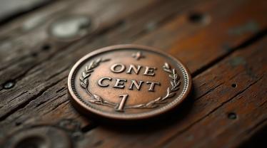 Historische één cent munt op een houten tafel