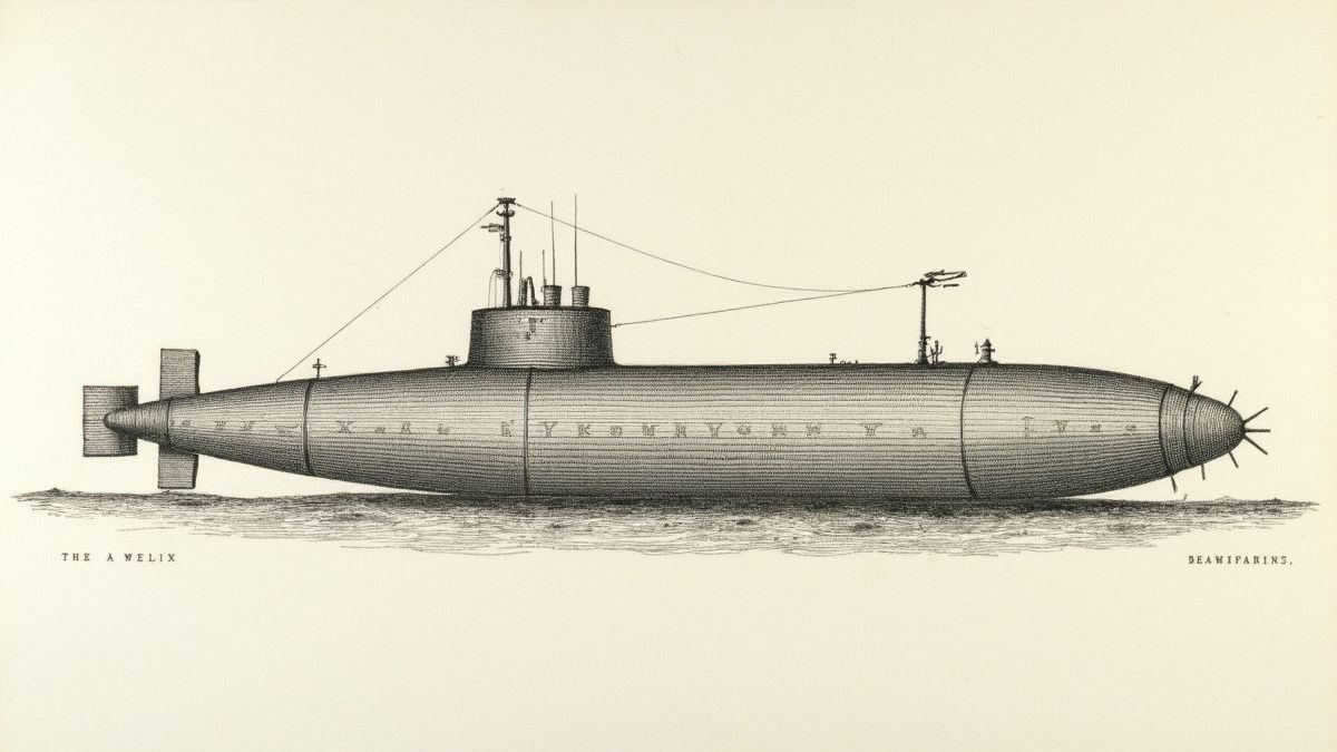 Historische tekening van een 17e-eeuwse onderzeeër.