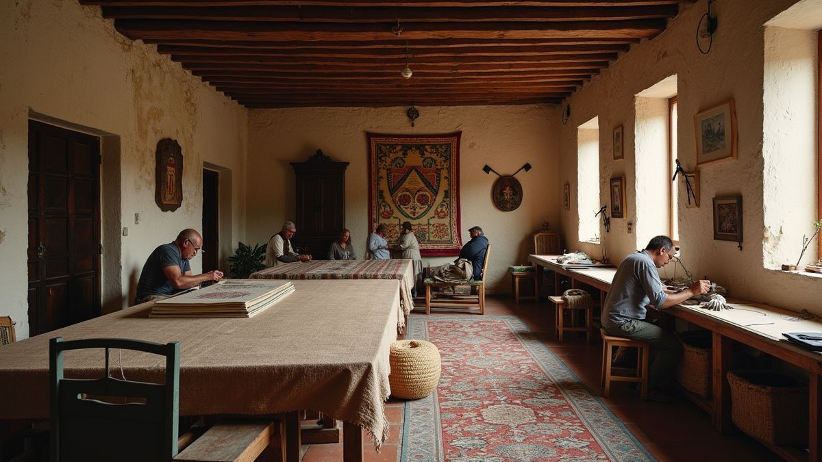 Historische textielwerkplaats waar ambachtslieden een wandtapijt maken.