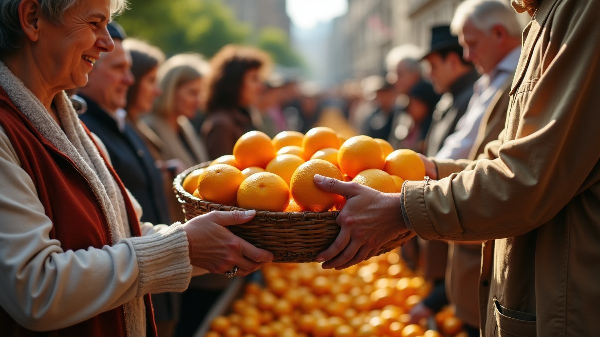 Historische viering met het uitdelen van citrusvruchten