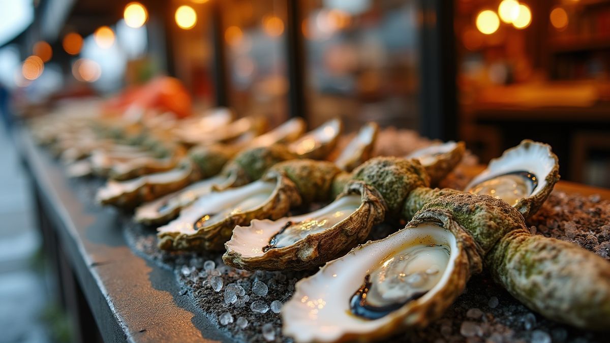 Historische vismarkt met verse oesters in België