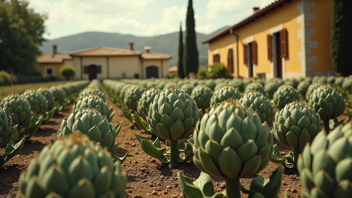 Historische weergave van artisjokken in een mediterrane tuin.