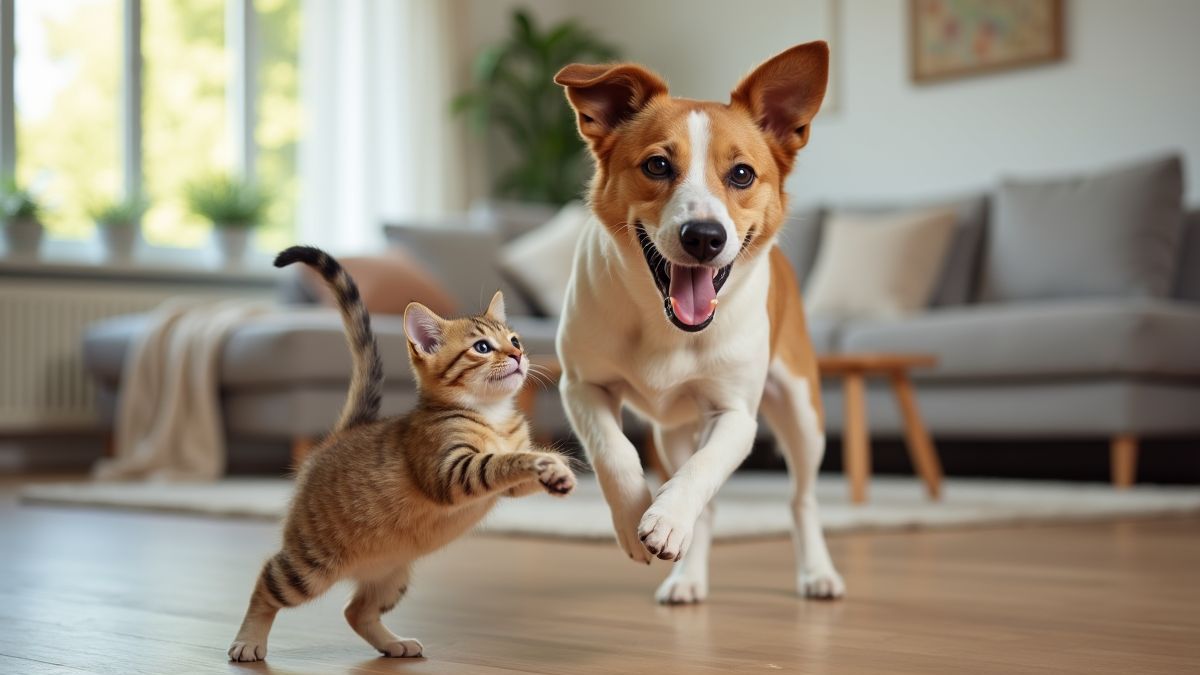 Hond en kat spelen samen in de woonkamer