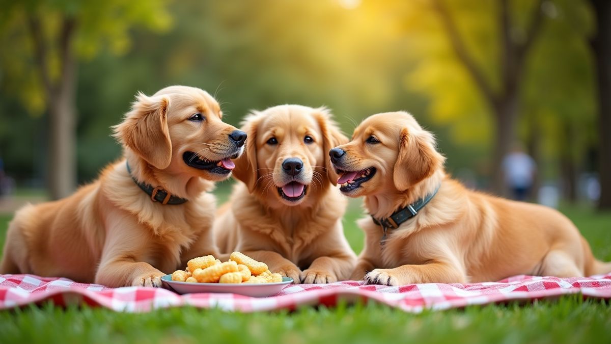 Honden hebben plezier tijdens een picknick.