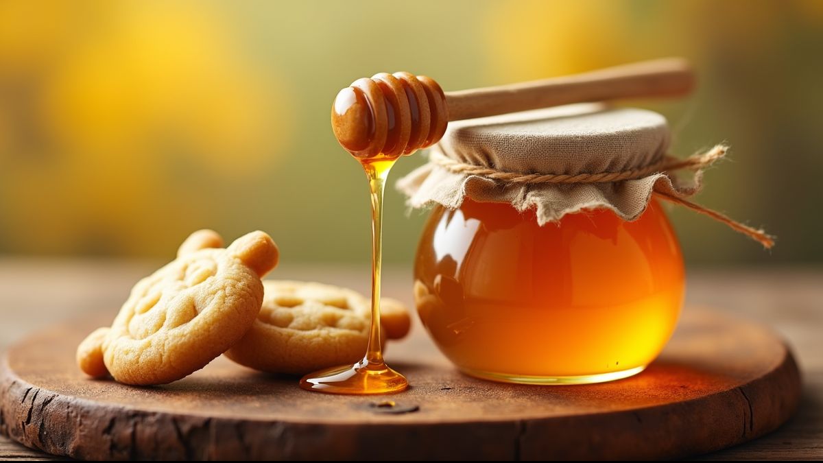 Honingpot met druppelende honing en Pooh-koekjes