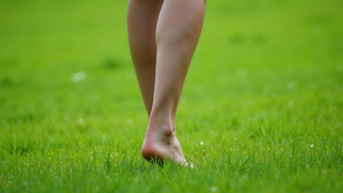 Iemand die blootsvoets door een groen veld loopt