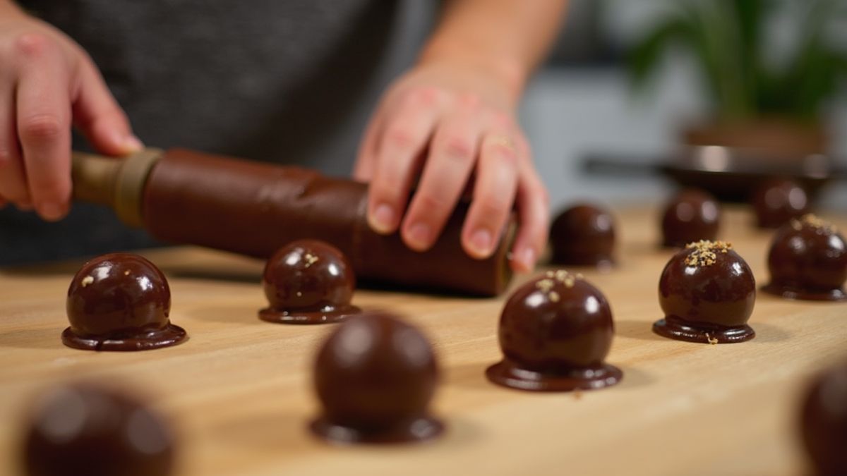 Iemand die chocoladeganache tot truffels rolt in een huiselijke keuken.