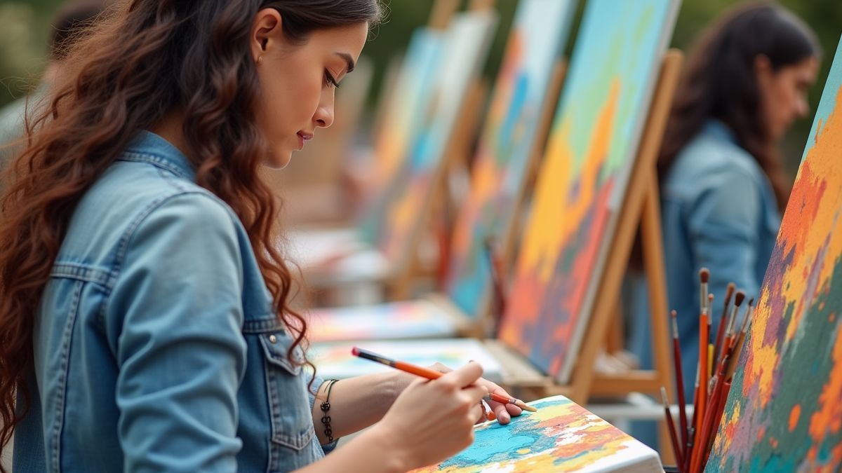 Iemand die deelneemt aan een schilderworkshop met levendige kleuren en penselen.