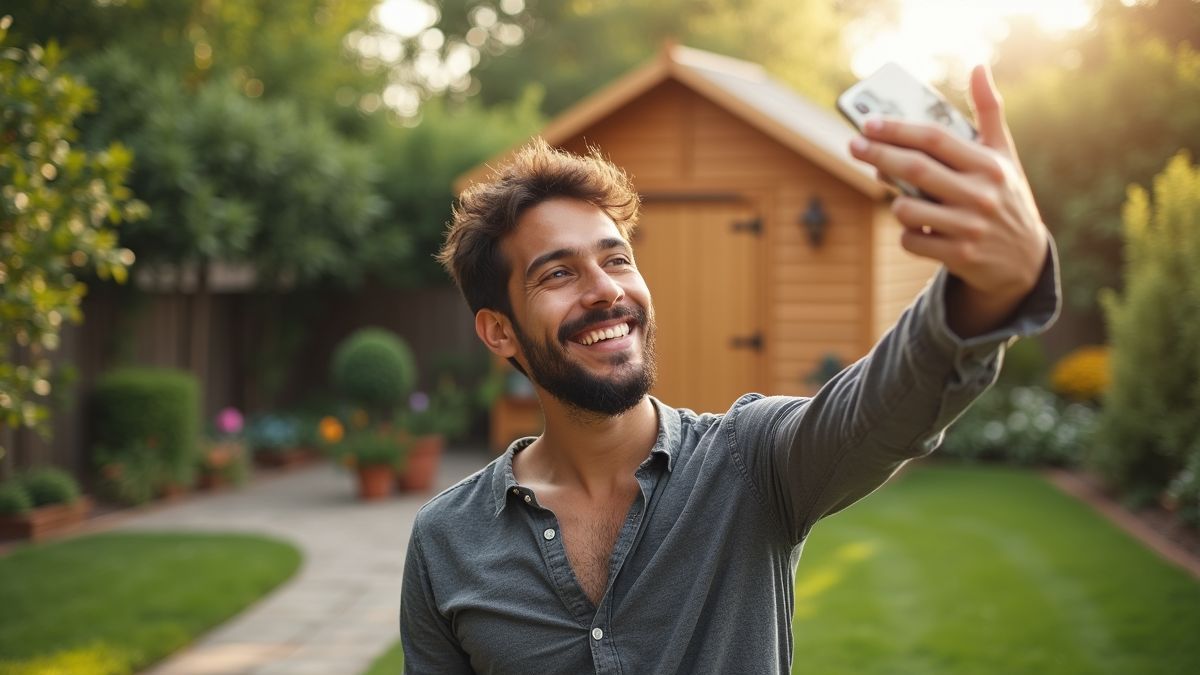 Iemand die een selfie neemt met een prachtige tuin schuur op de achtergrond