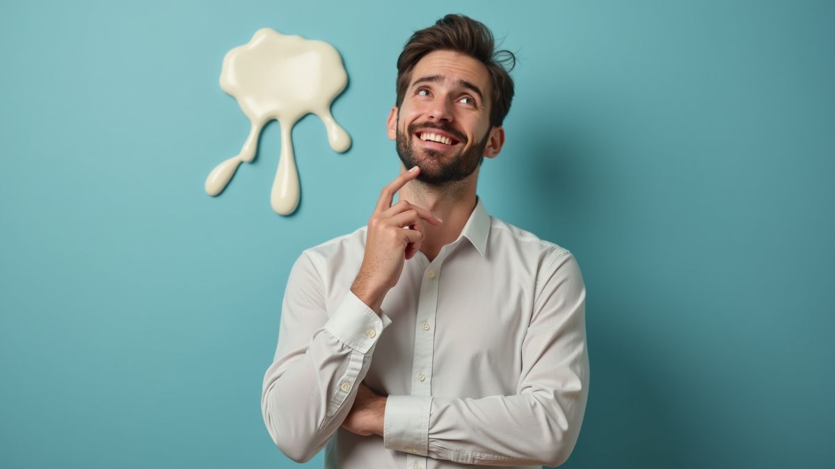 Iemand die nadenkt over gemorste melk en glimlacht.