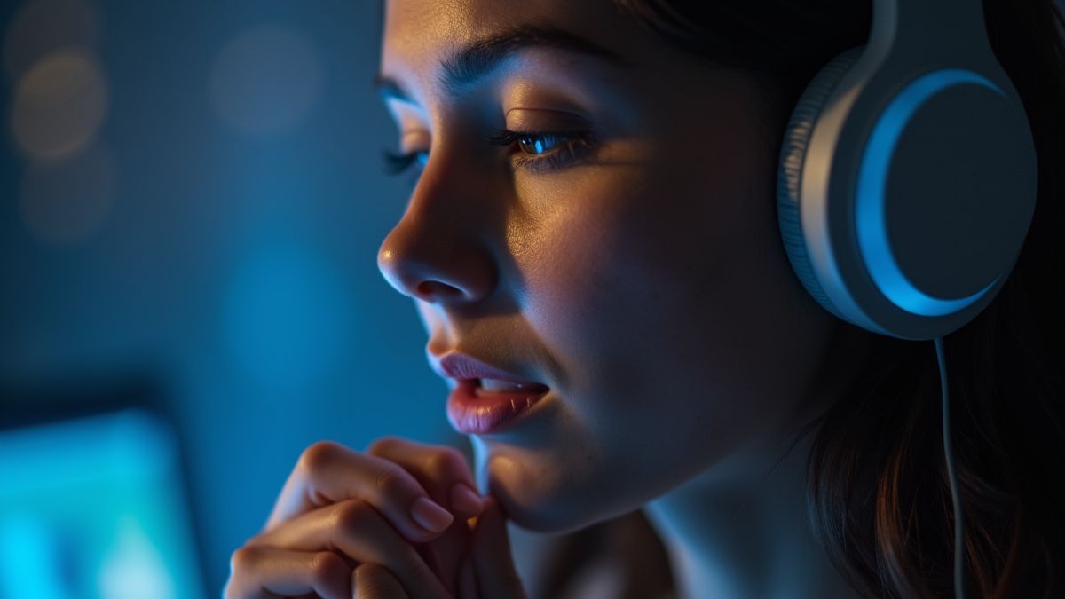 Iemand luistert naar ASMR met een koptelefoon.