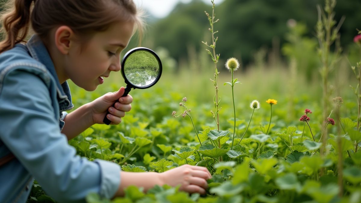 Iemand onderzoekt onkruiden met een vergrootglas