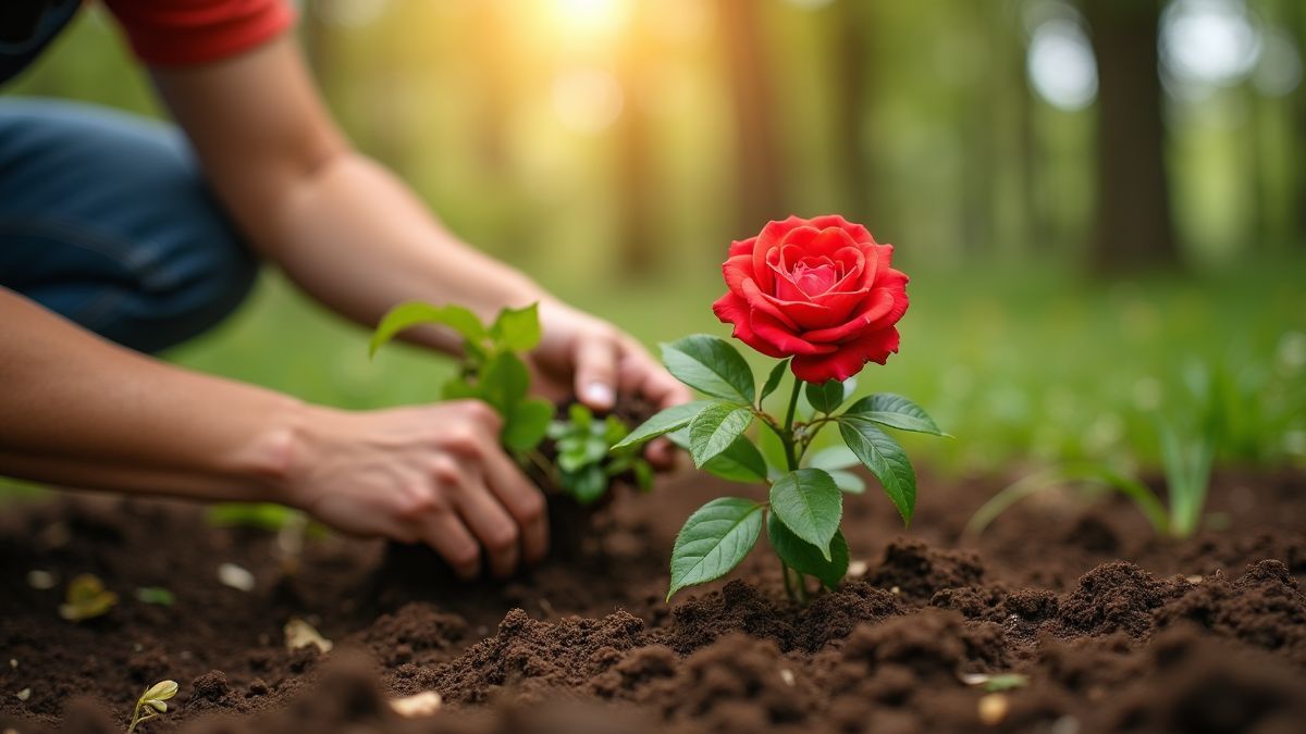 Iemand plant een Vredesroos in zonovergoten grond.