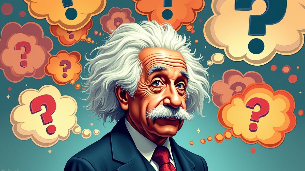 Illustratie van Albert Einstein met vraagtekens