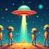 Illustratie van aliens die Wereld UFO Dag vieren