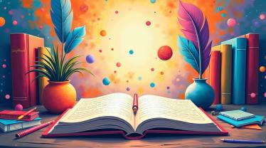 Illustratie van boeken en schrijfinstrumenten met creatieve elementen