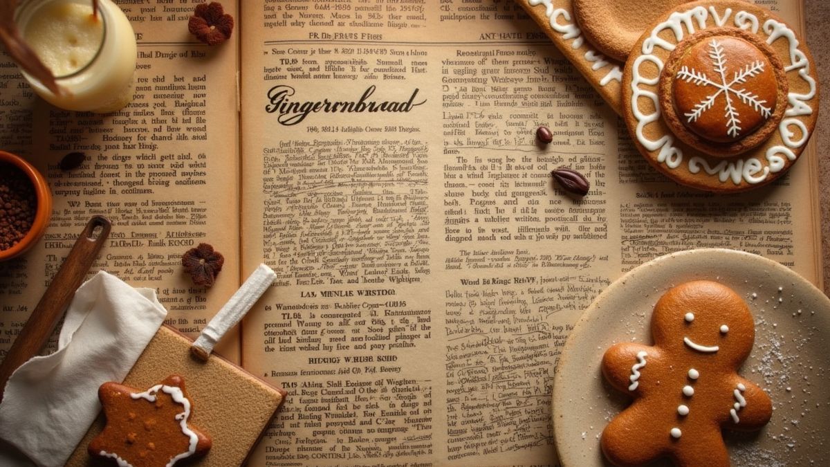 Illustratie van de geschiedenis van peperkoek met vintage kookboeken en specerijen