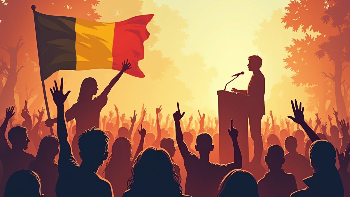 Illustratie van een Belgische activist die een toespraak houdt