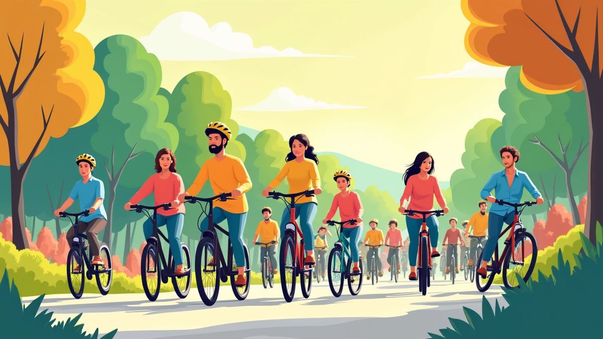 Illustratie van een gemeenschapsevenement met fietsers van verschillende leeftijden