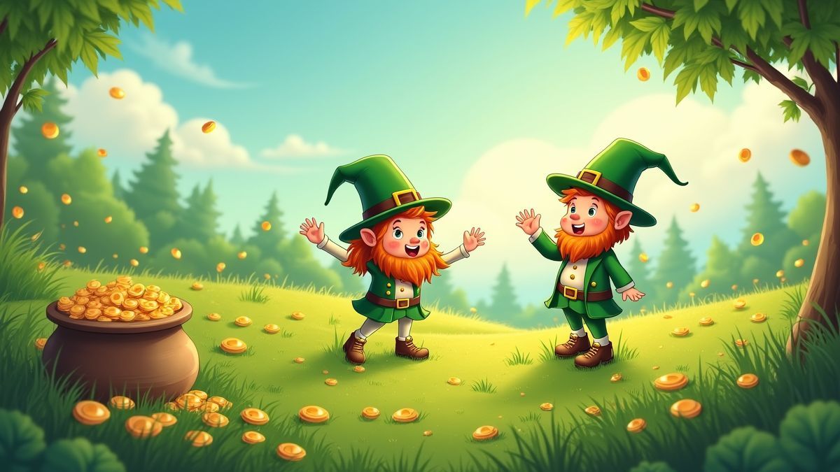 Illustratie van kabouters met potten goud en groene weide