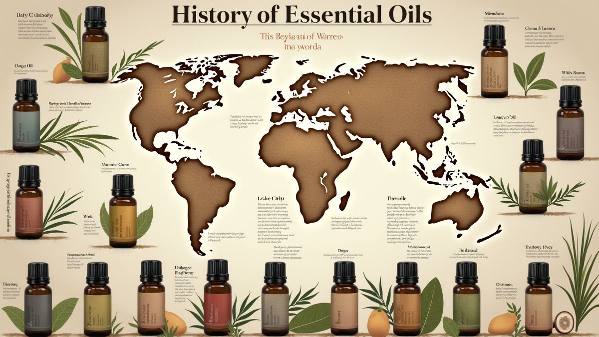 Illustratieve collage over de geschiedenis van essentiële oliën