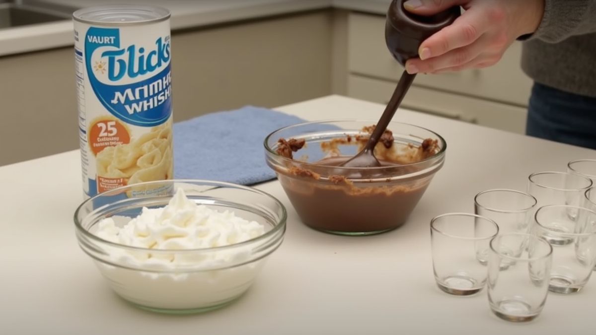 Ingrediënten voor een chocolade parfait op een keukentafel.