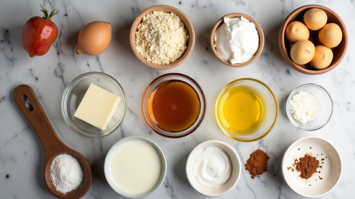 Ingrediënten voor tiramisu mooi uitgestald op een keukenblad