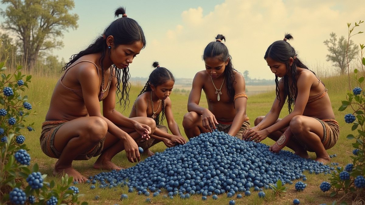Inheemse Amerikanen verzamelen wilde bosbessen.