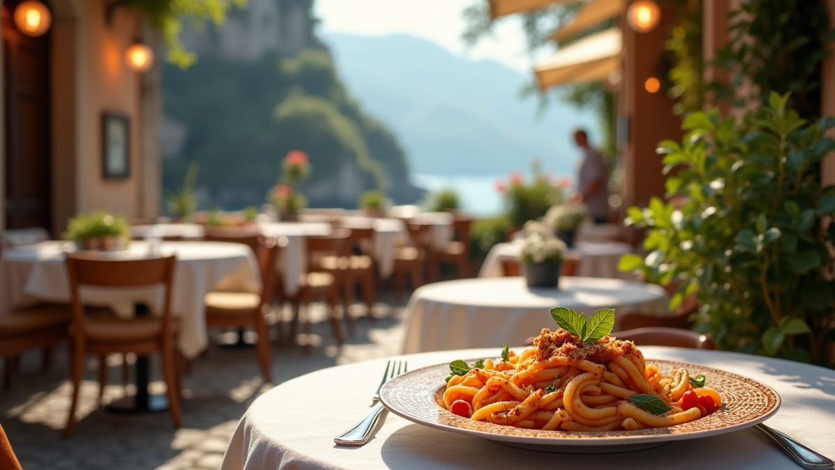 Italiaans café met pastagerecht op tafel