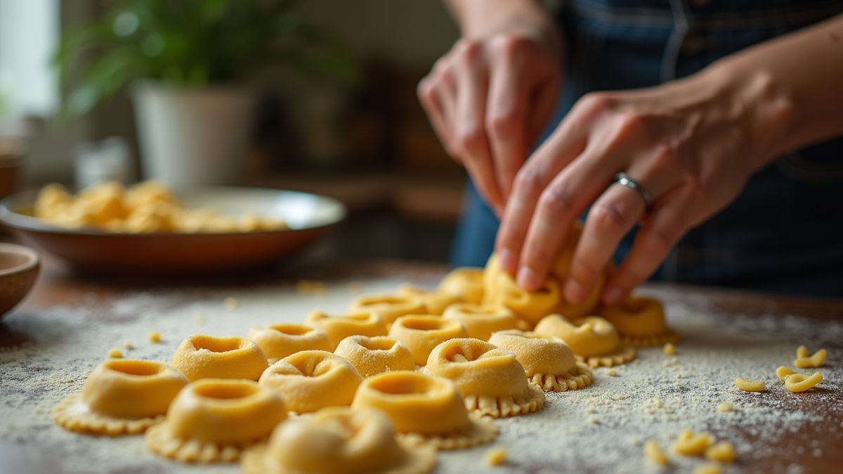 Italiaanse oma die tortellini met de hand maakt