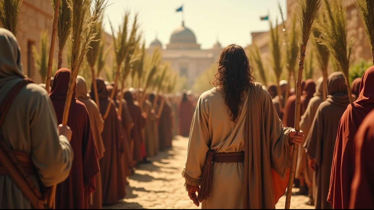 Jezus komt Jeruzalem binnen terwijl de menigte hem verwelkomt met palmtakken.