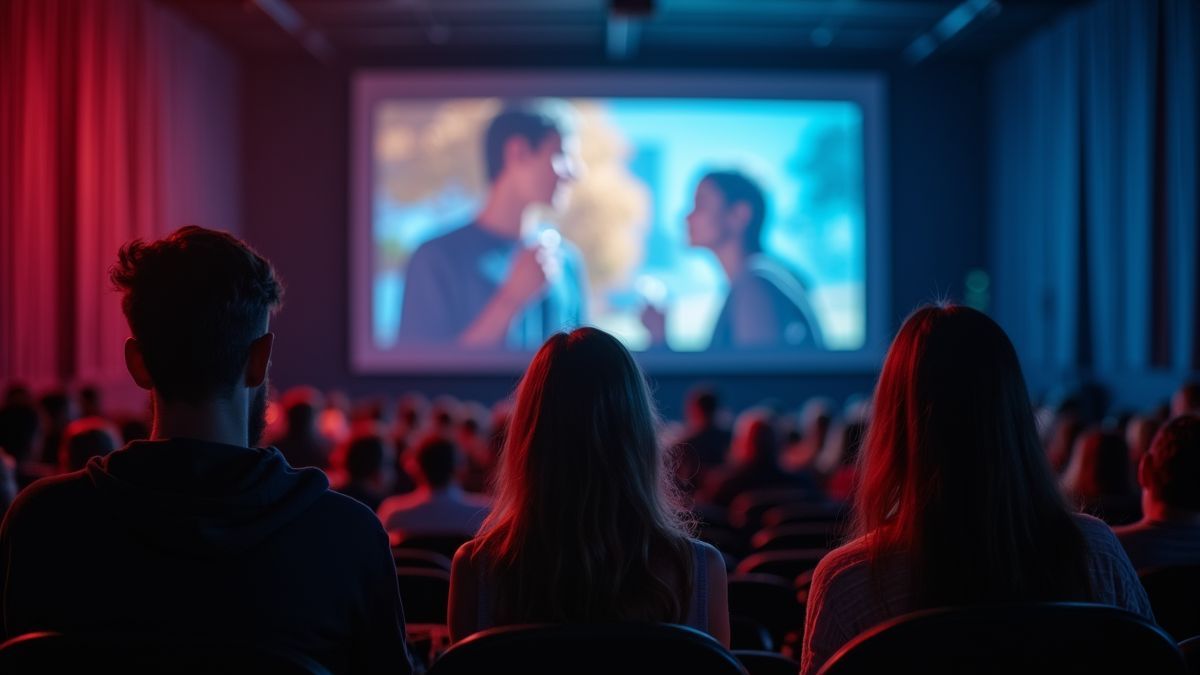 Jongeren kijken naar een film over belangrijke thema's.