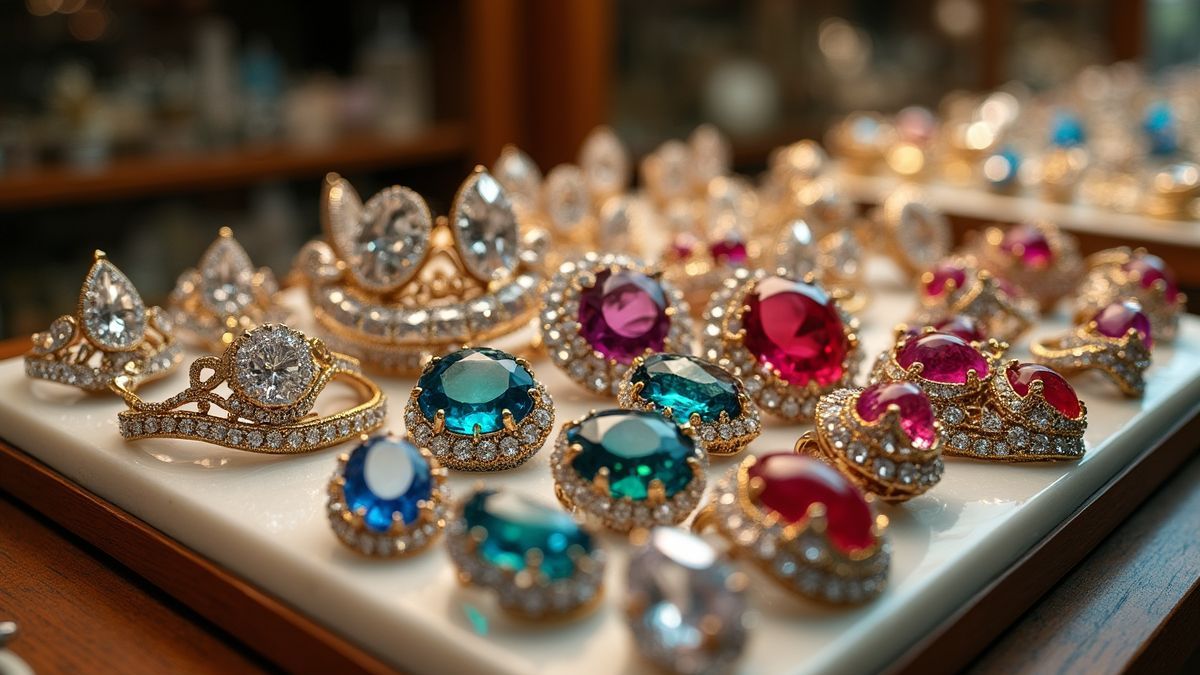 Juwelen met verschillende edelstenen in een winkel