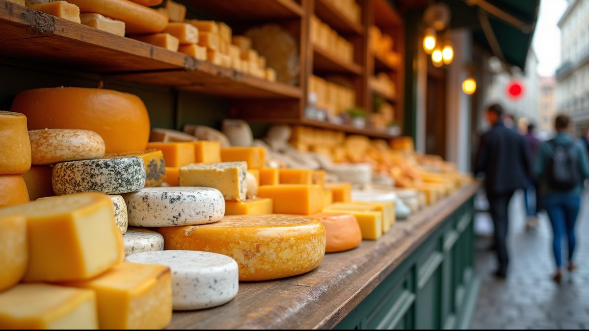 Kaasmarkt met verschillende kazen en shoppers