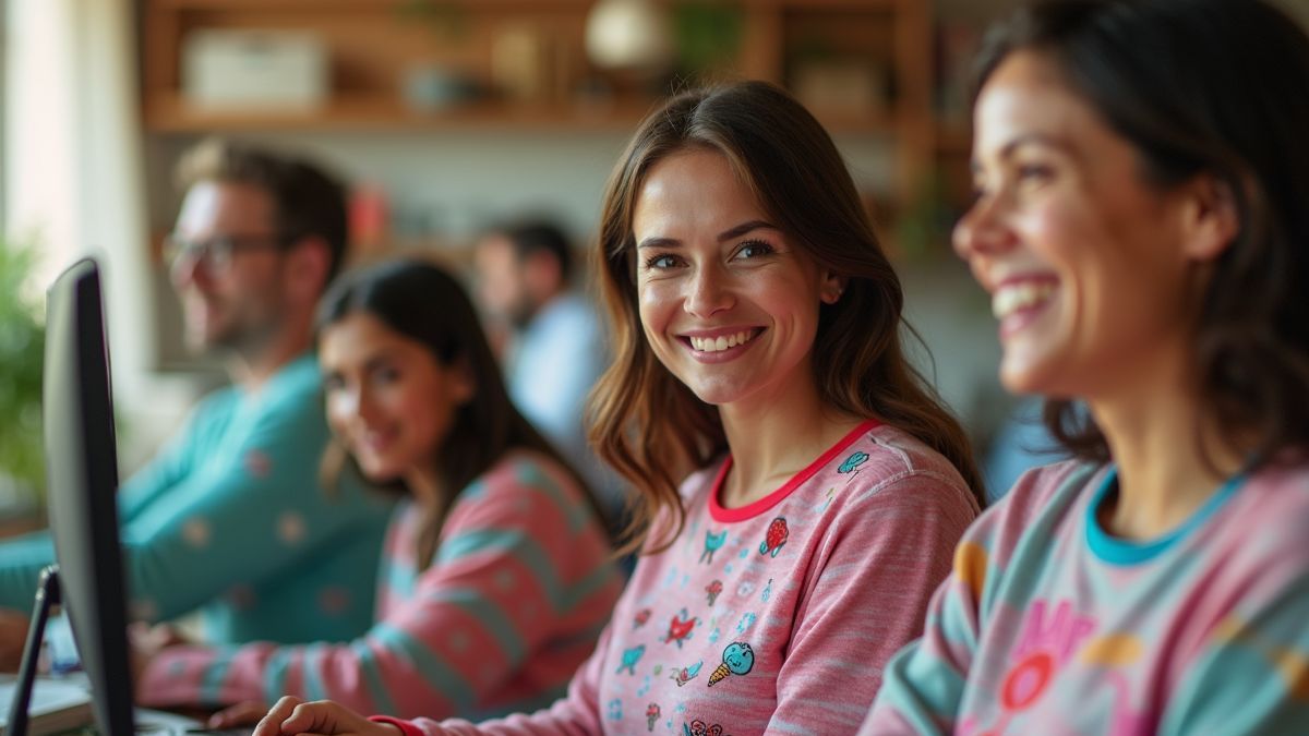 Kantoor medewerkers ontspannen in hun pyjama's.