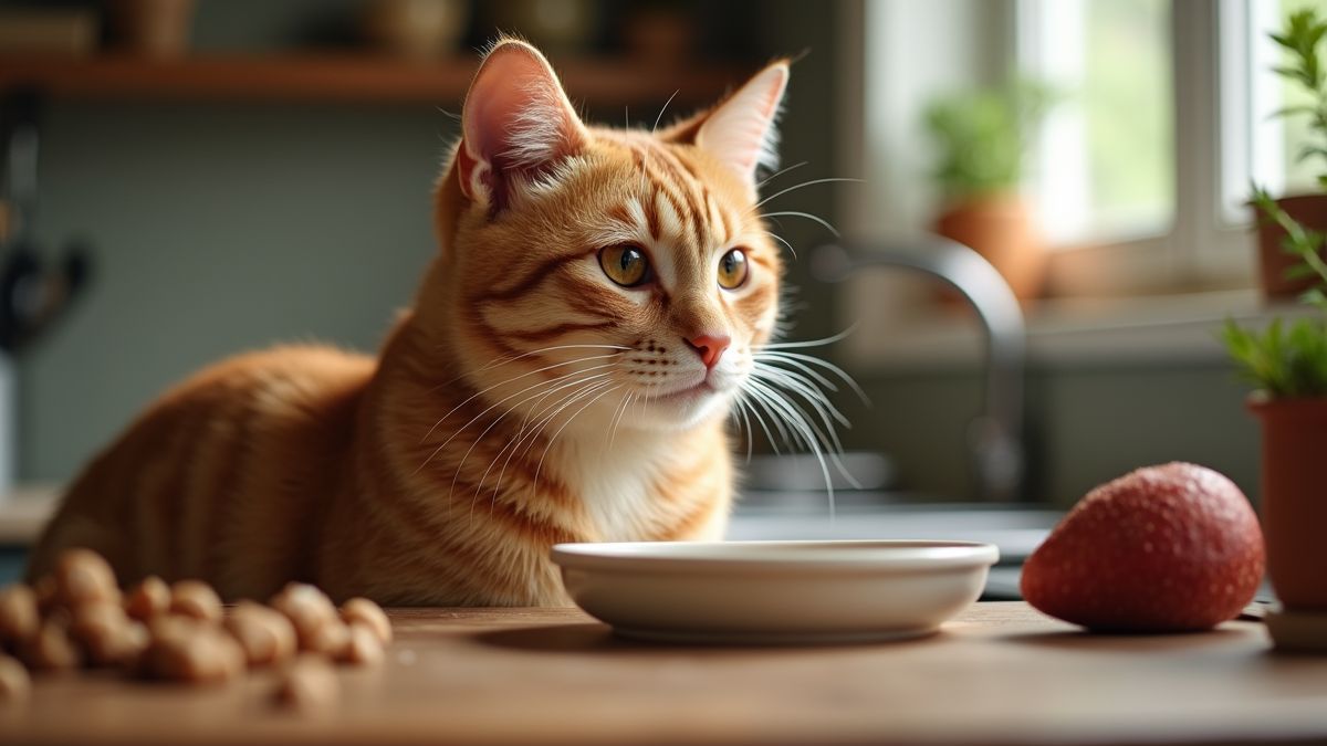 Kat in een keuken met ingrediënten voor huisdier gerechten