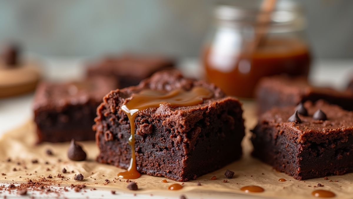 Keukentafel met zelfgemaakte chocolade-karamel brownies