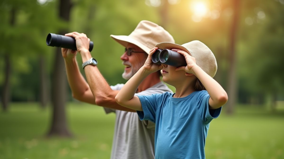 Kind en volwassene kijken naar vogels in een groen park.