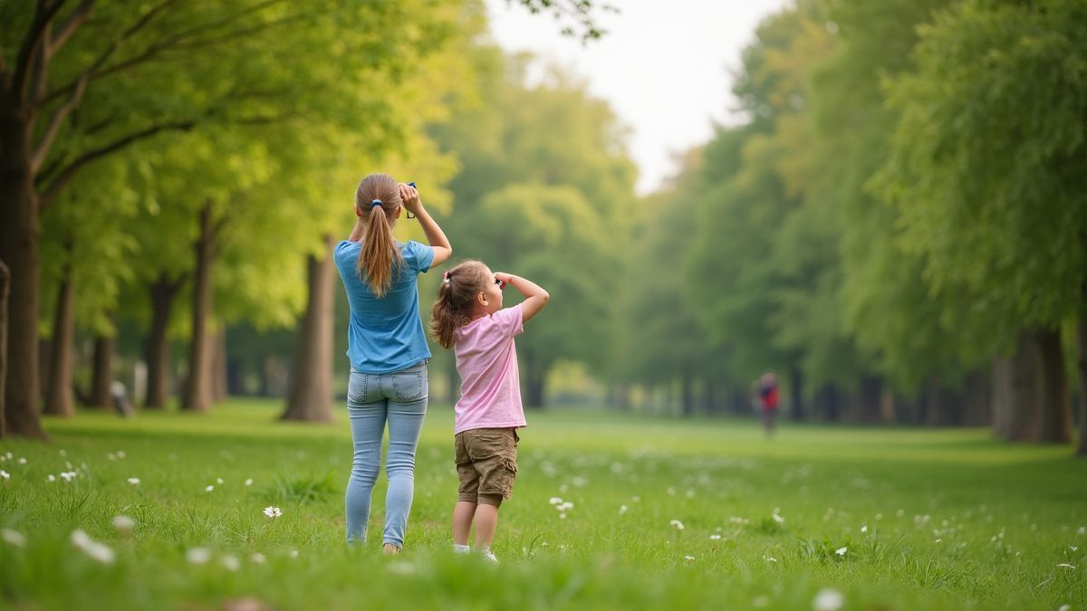 Kind en volwassene kijken naar vogels in een groen park.