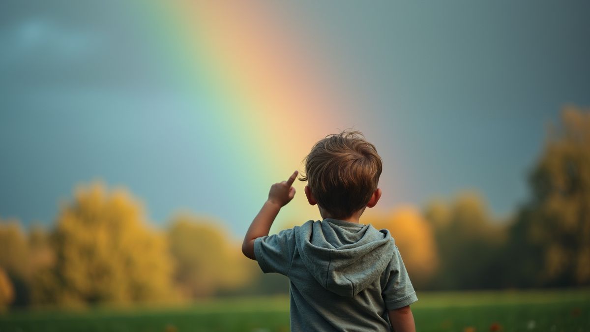 Kind ontdekt een regenboog na een regenbui