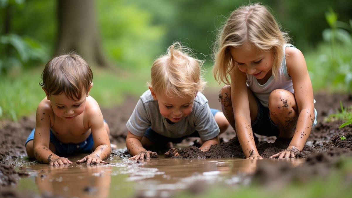 Kinderen die de natuur verkennen en in een modderpoel spelen.