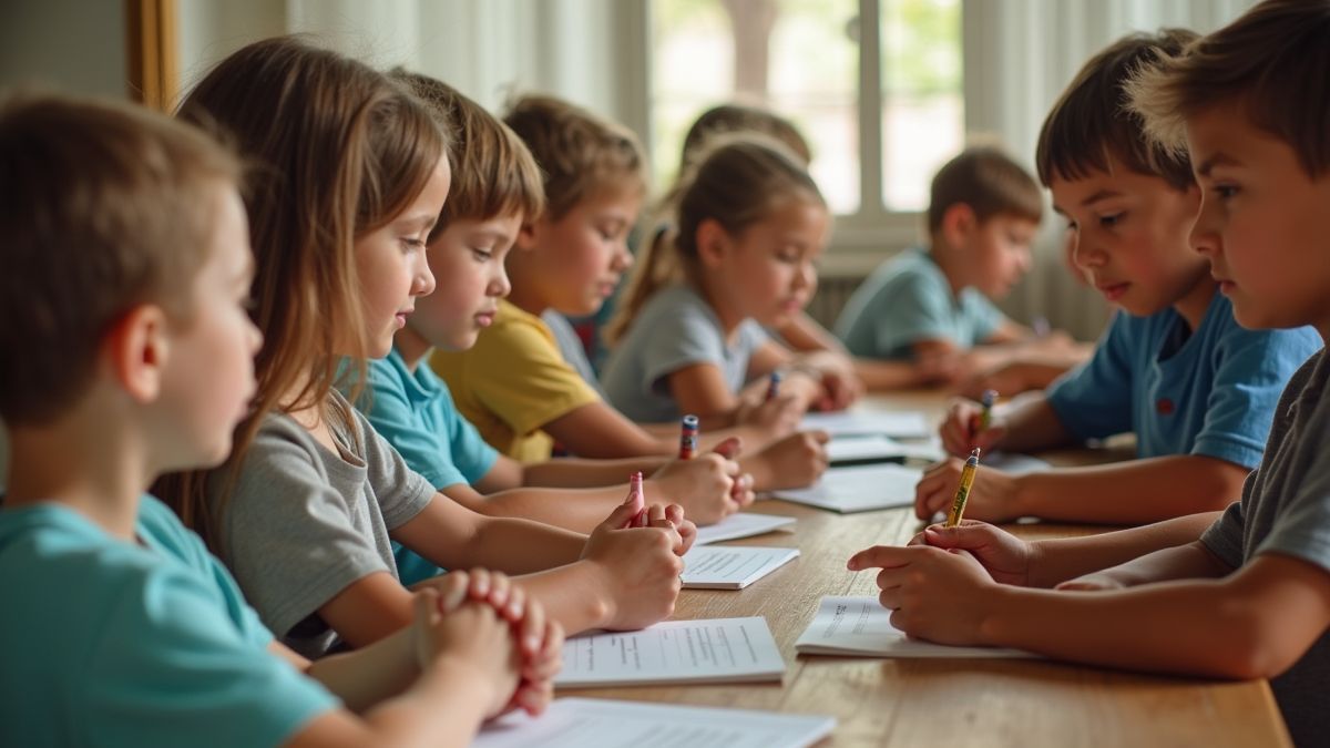 Kinderen die deelnemen aan een educatieve workshop over vrede
