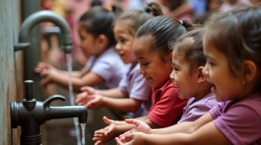 Kinderen wassen handen in Belgische school