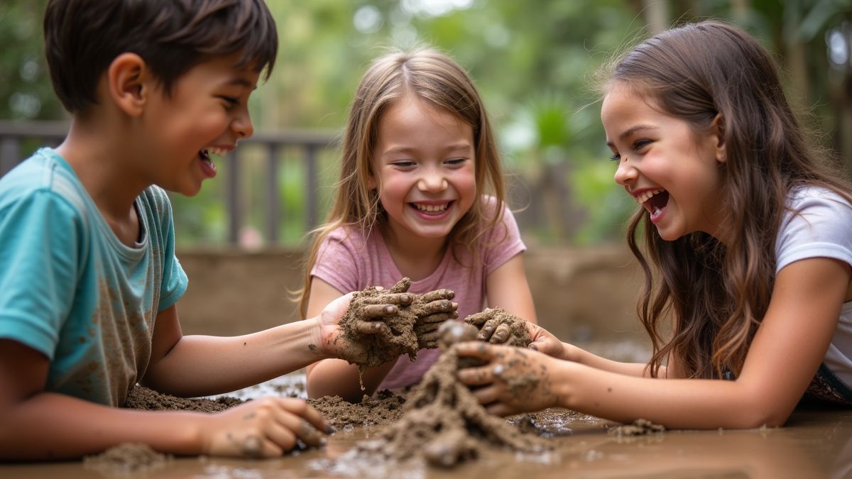 Kinderen die moddersculpturen bouwen