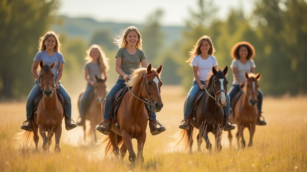 Kinderen die op paarden rijden in een zonnig veld