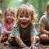 Kinderen die plezier hebben terwijl ze in de modder spelen.